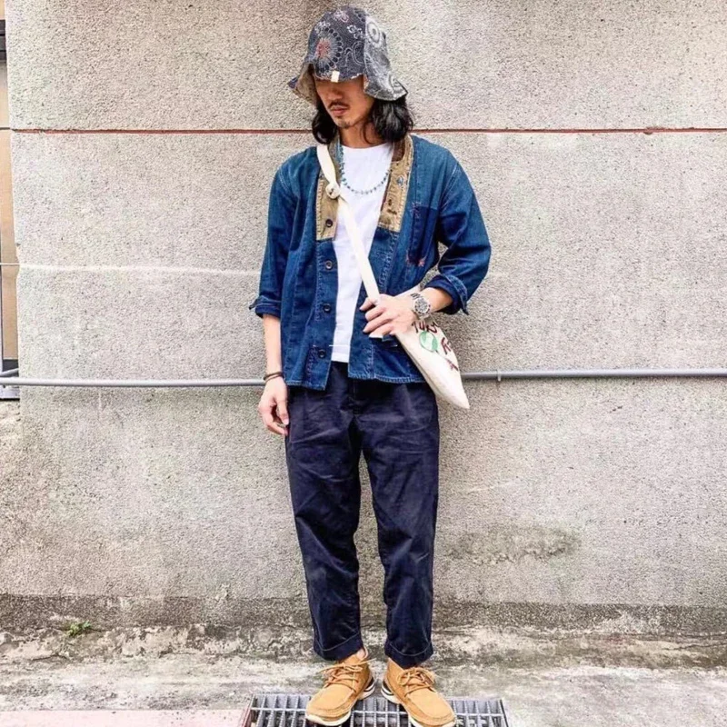 Kapital Japanese Retro Blue Dyed Denim Old Patch Kimono Single Breasted Shirt Men and Women Cotton Daopao Jacket Short Coats