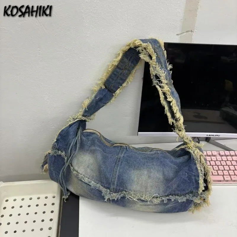 

Y2k Aesthetic Vintage Denim Tassel Shoulder Bags Korean Streetwear Fashion Handbags 2025 Trendy All Match Women Crossbody Bags
