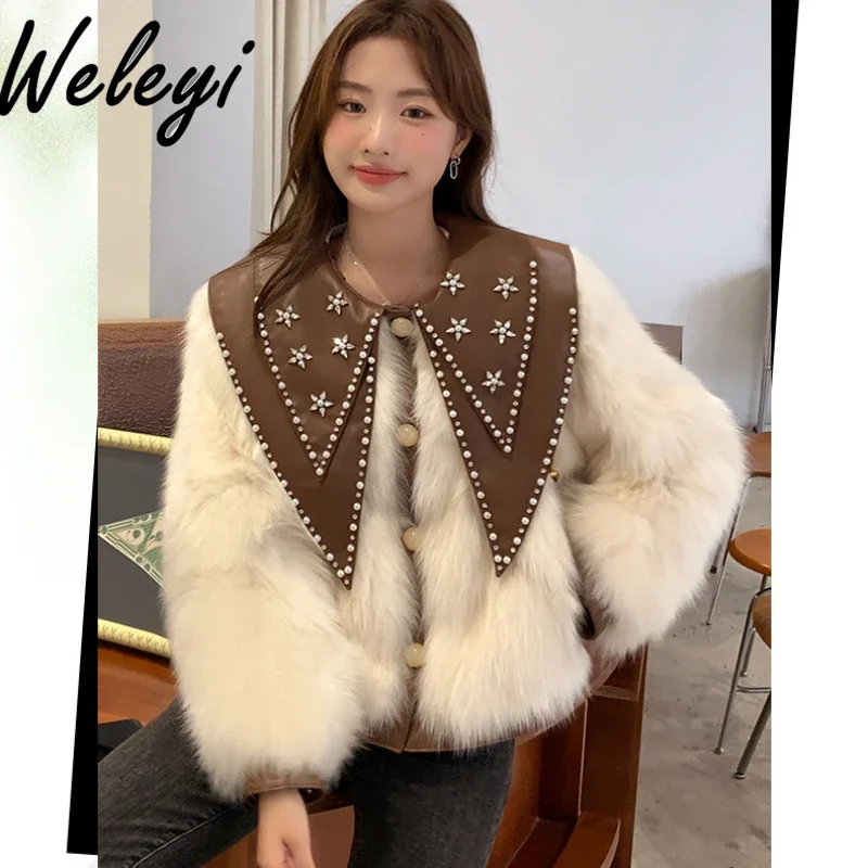 

Winter Rhinestones Beaded Anti-fox Off-white Furry Jackets for Women 2024 Warm Fur Integrated Doll Collar Faux Fur Coat Feminino