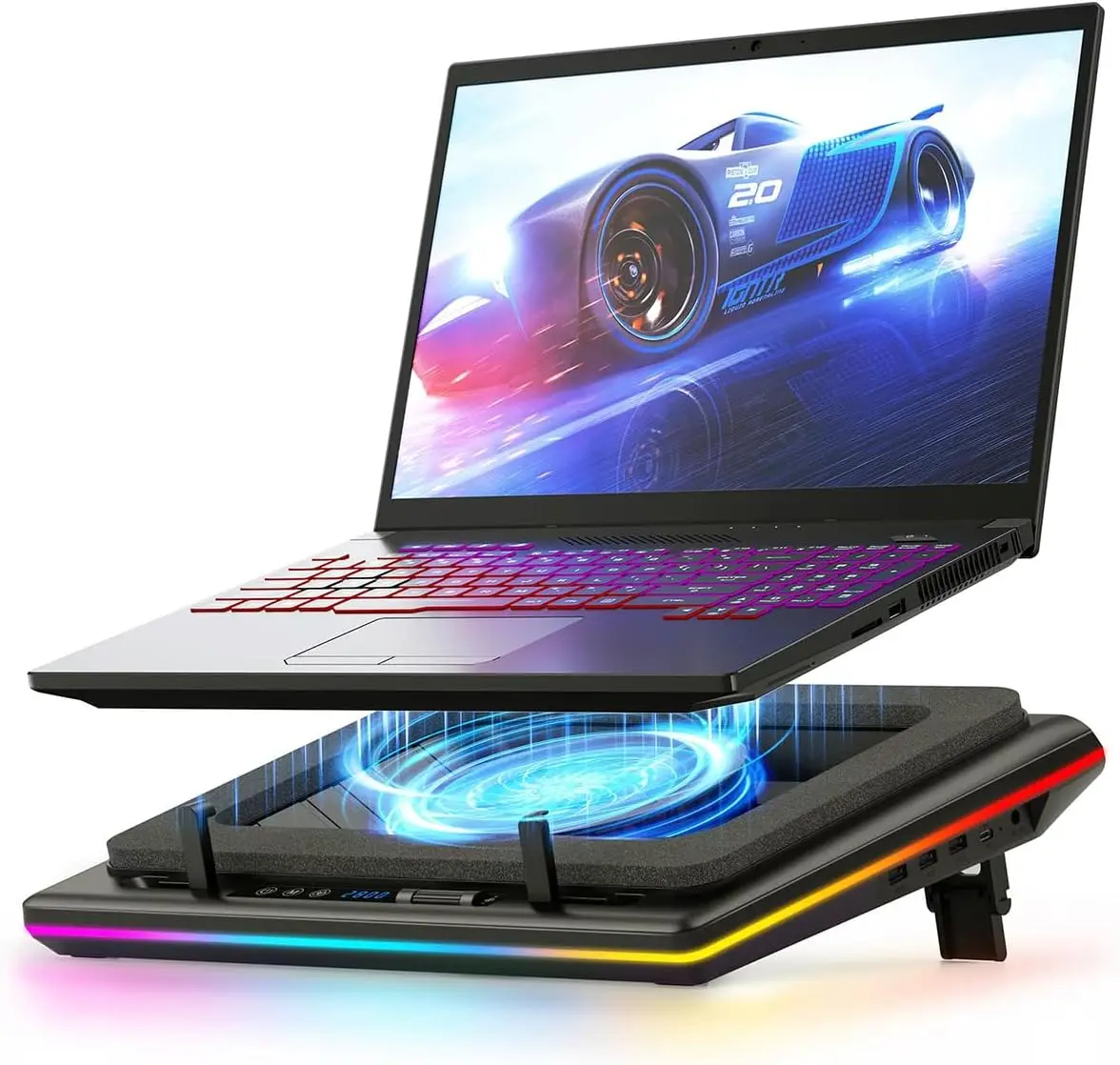 

V12 Gaming Laptop Cooling Pad with RGB, 5.5 Inch Turbofan for 15.6-19in Laptops, Adjustable Speed, Dustproof, USB Hub