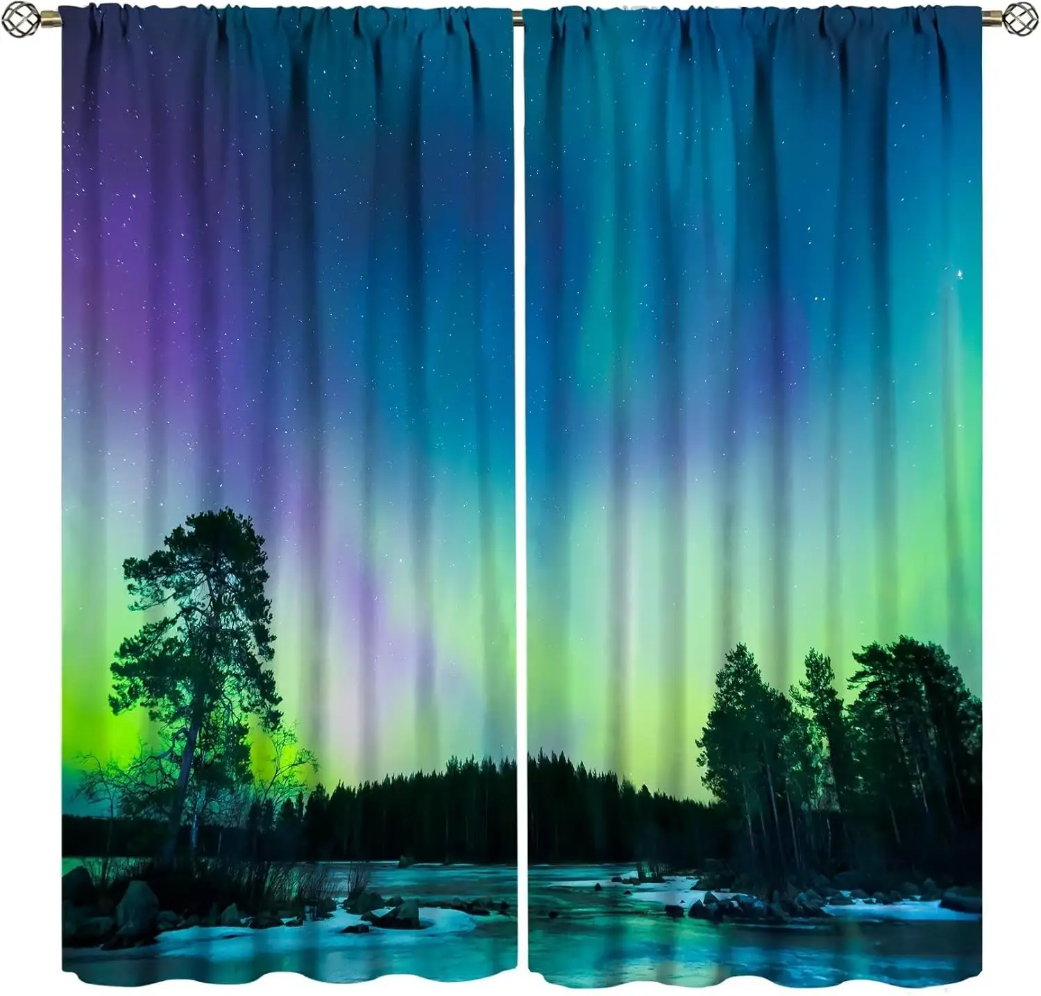 Aurora Borealis Curtains, Sky Over Lake Surrounded Forest Woods Hemisphere Print Blackout Rod Pocket Curtains for Bedroom Living