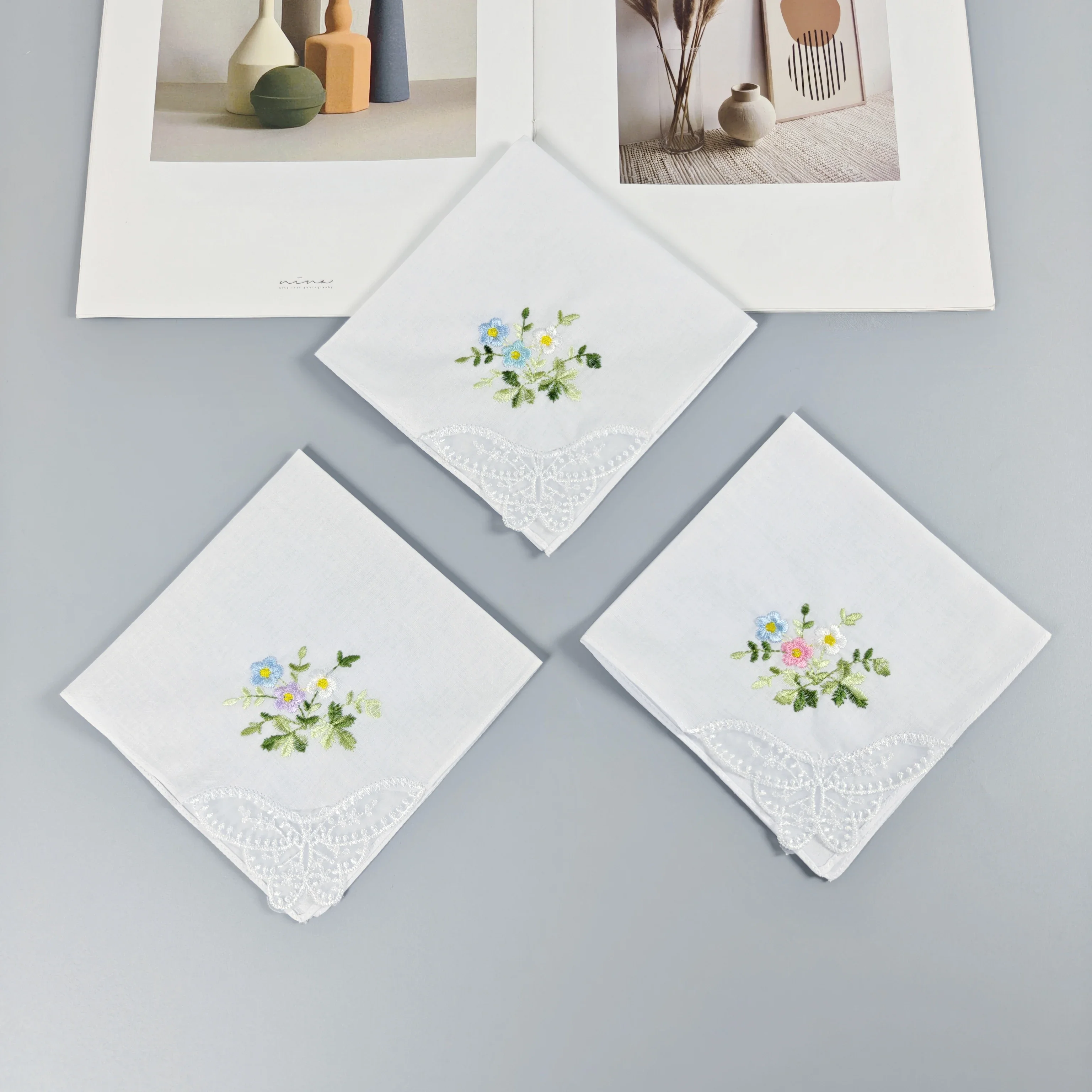 3 PCS Thin Pure White Cotton Embroidered Lace Handkerchiefs Gift Box, 28cm/11in, for Wedding & Home Decor