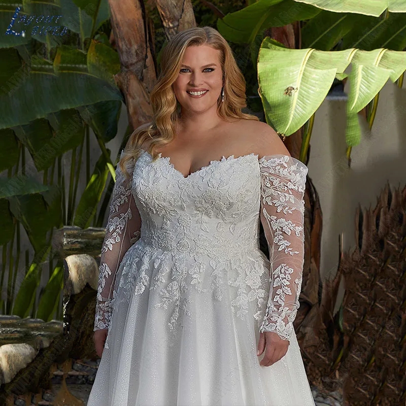 LAYOUT NICEB Vestidos De Casamento Plus Size Mulheres Fora Do Ombro Glitter Mangas Compridas Lace Apliques Vestido De Noiva Vestidos Novias Boda Vestidos de noiva plus size para mulheres sem ombro  Vestidos de noiva co