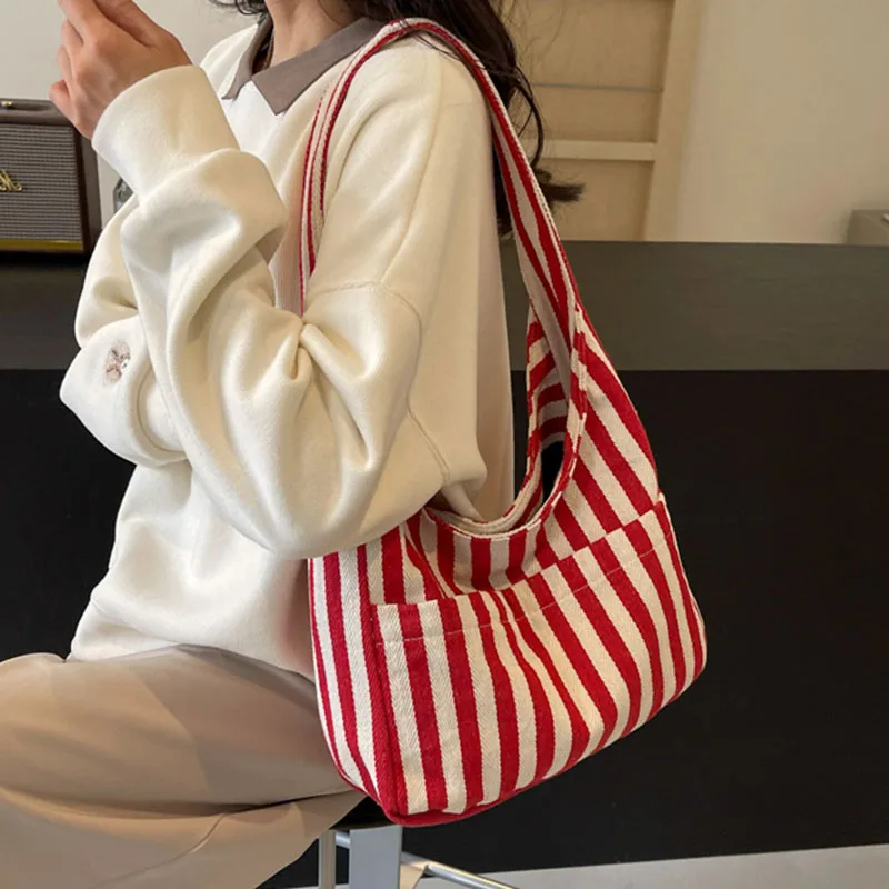 Canvas Bag for Women 2024 New Shopper Handbags Shoulder Tote Bag Casual Stripe Large Capacity School Bags Girls