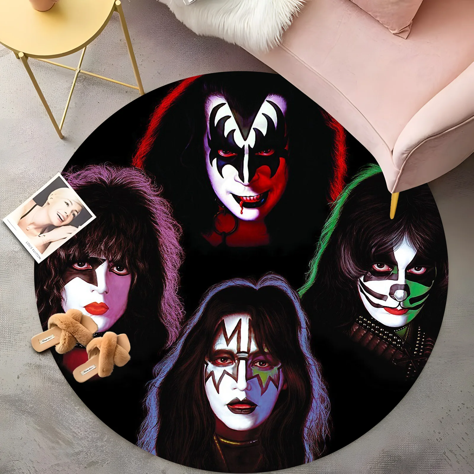 

Band Portrait Round Rug - Iconic 70s Rock Star Makeup Design, Vibrant Living Room Carpet, Music Fan Collector Home Decor Gift