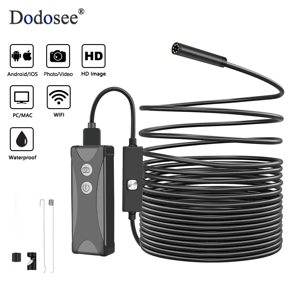 

Беспроводной эндоскоп Dodosee HD, мягкий и жесткий кабель, Wi-Fi, бороскоп, IP67, водонепроницаемая эндоскопическая камера с подсветкой для ПК Android IOS