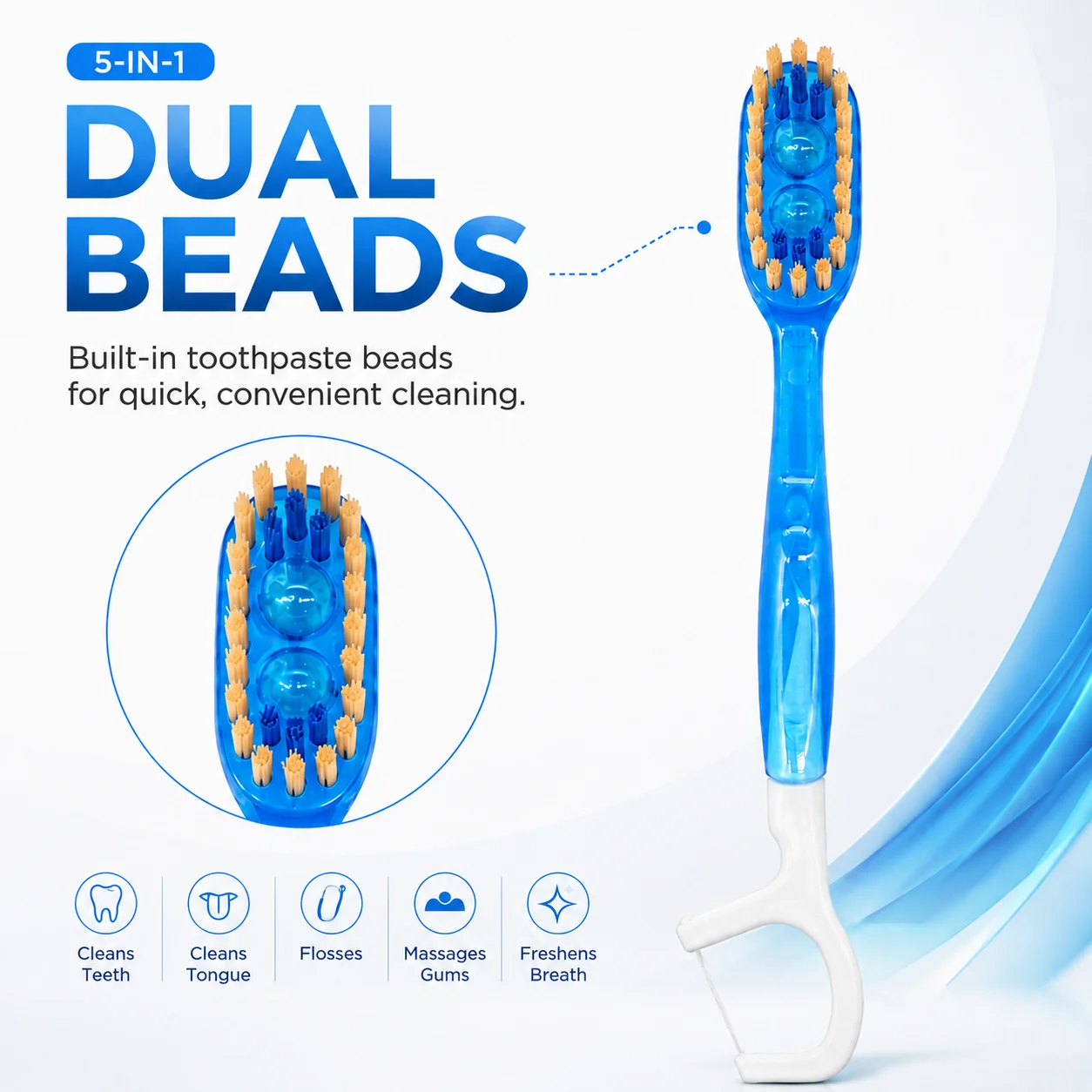 12 Pcs 5-in-1 Travel Toothbrushes | Multiple Flavors | Pre-Pasted Beads | Floss, Toothpick & Tongue Scraper | Wrapped