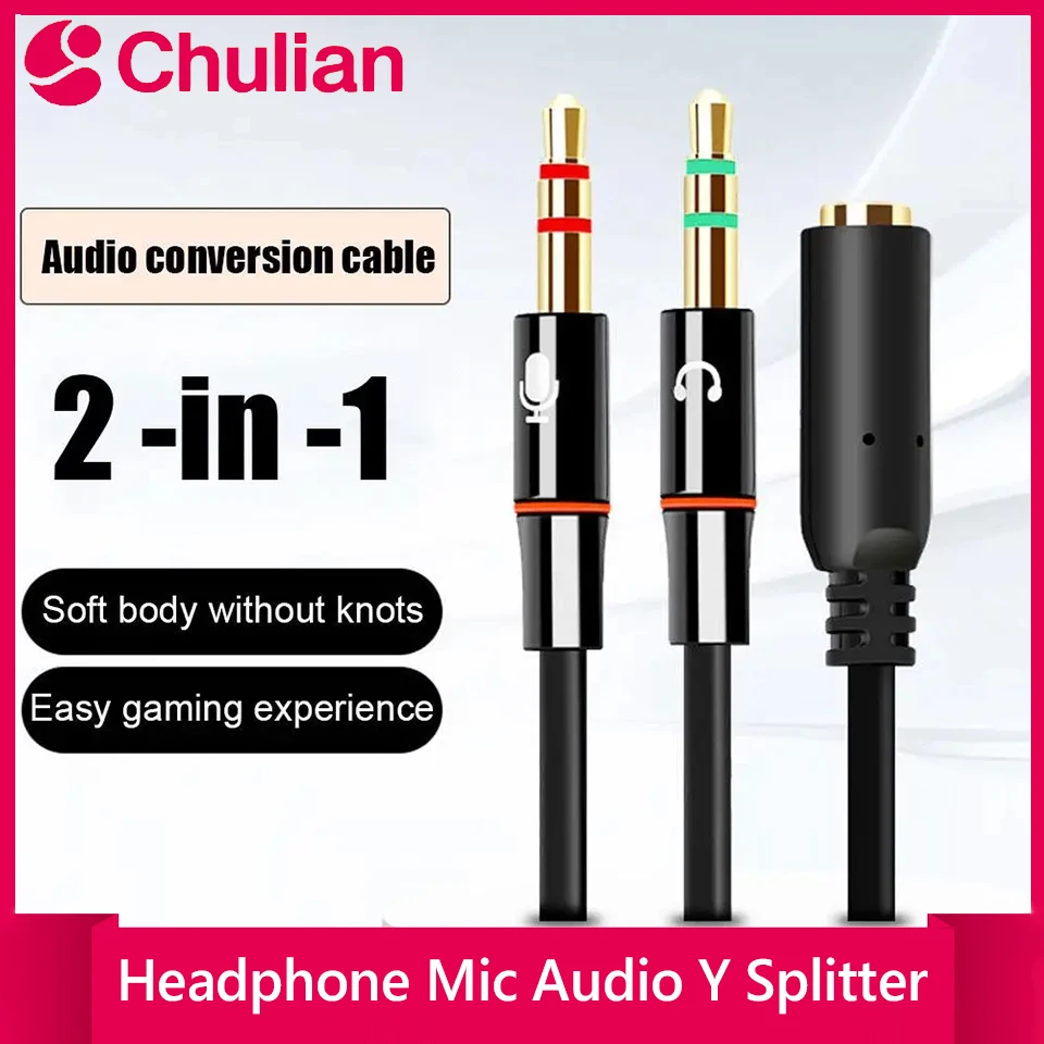Conversor de Áudio para Fone de Ouvido e Microfone para Computador, Divisor Y de Áudio de 3.5mm Fêmea para 2 Conectores Macho de 3.5mm para Fone de Ouvido e Microfone