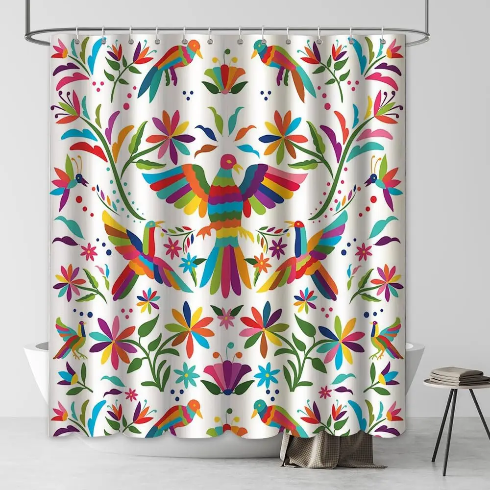 

Mexico Floral Otomi Style Shower Curtain for Bathroom Mexican Traditional Mexican Blue Bird Red White Waterproof Fabric Bathroom