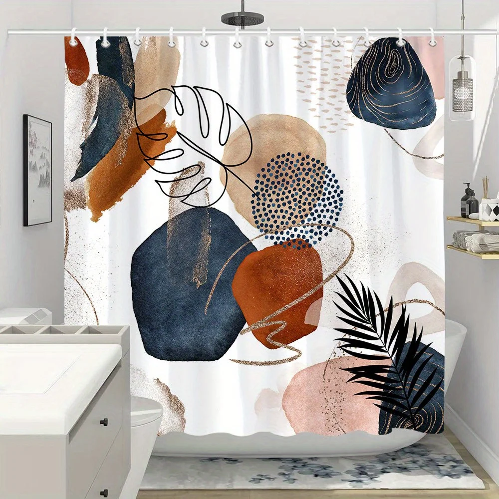 

"Abstract Art Shower Curtain with Geometric Shapes and Tropical Leaves, Modern Boho Design for Stylish Bathroom Decor"