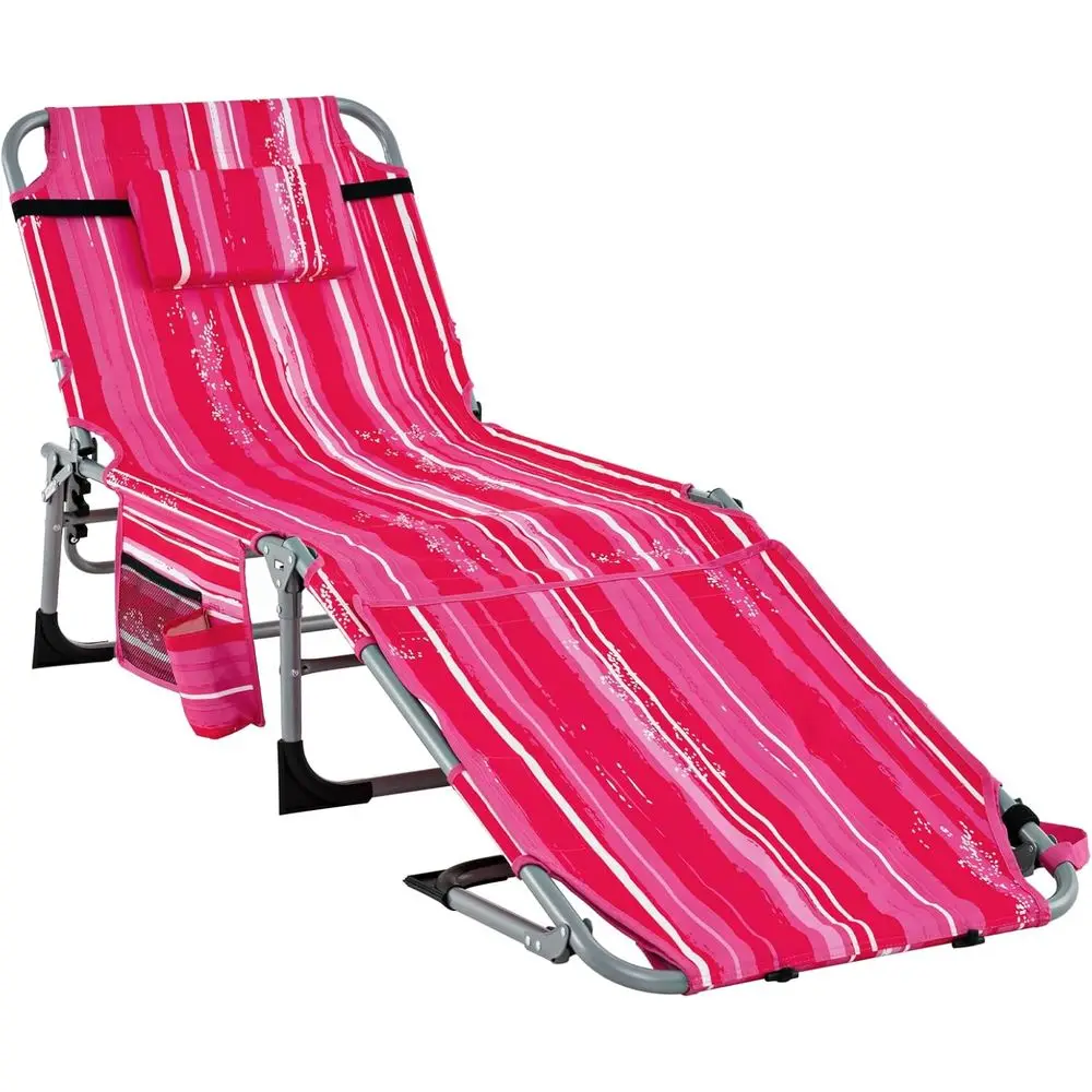 

Pink Stripe Outdoor Beach Lounge Chair with Hole, Adjustable Footrest, Removable Pillow, Storage Basket, 5-Position Tanning