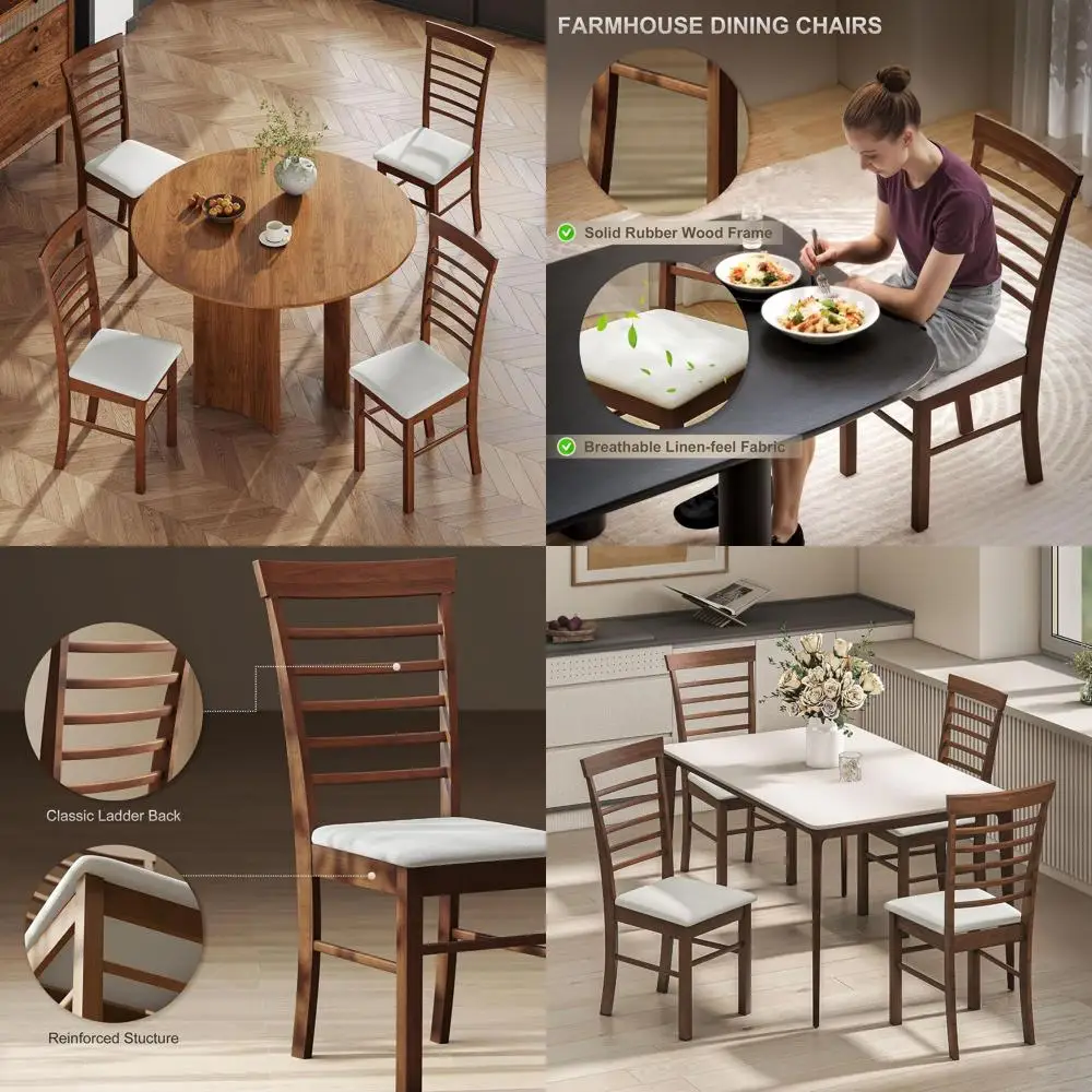 

Set of 2 Farmhouse Style Dining Chairs, Upholstered Seat, Rubberwood Frame, Dark Brown & Beige