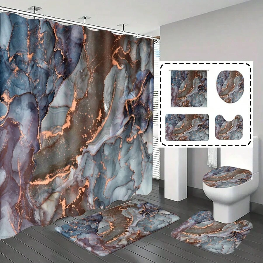 4pcs Set Black Forest Trees Printed Shower Curtain,Patterned Bathroom Curtain With Multi-Color Background,Modern Personalized