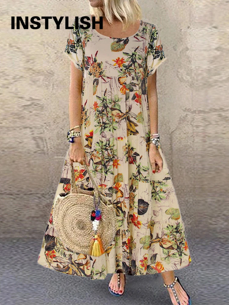 Vintage Floral Print Long Dress Summer Short Sleeve O Neck Oversized Boho Dress Women Cotton and Linen Maxi Sundress Beach Party