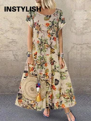 Vintage Floral Print Long Dress Summer Short Sleeve O Neck Oversized Boho Dress Women Cotton and Linen Maxi Sundress Beach Party