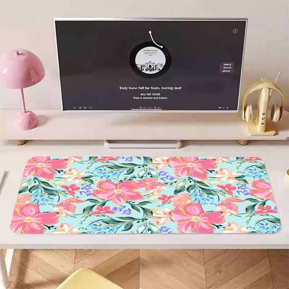 Tappetino per mouse con piante di fiori rosa Tappetino per mouse grande per computer da gioco Tappetino per mouse retrò XXL Tastiera con fiori di campo Tappeto antiscivolo lavabile HD morbido