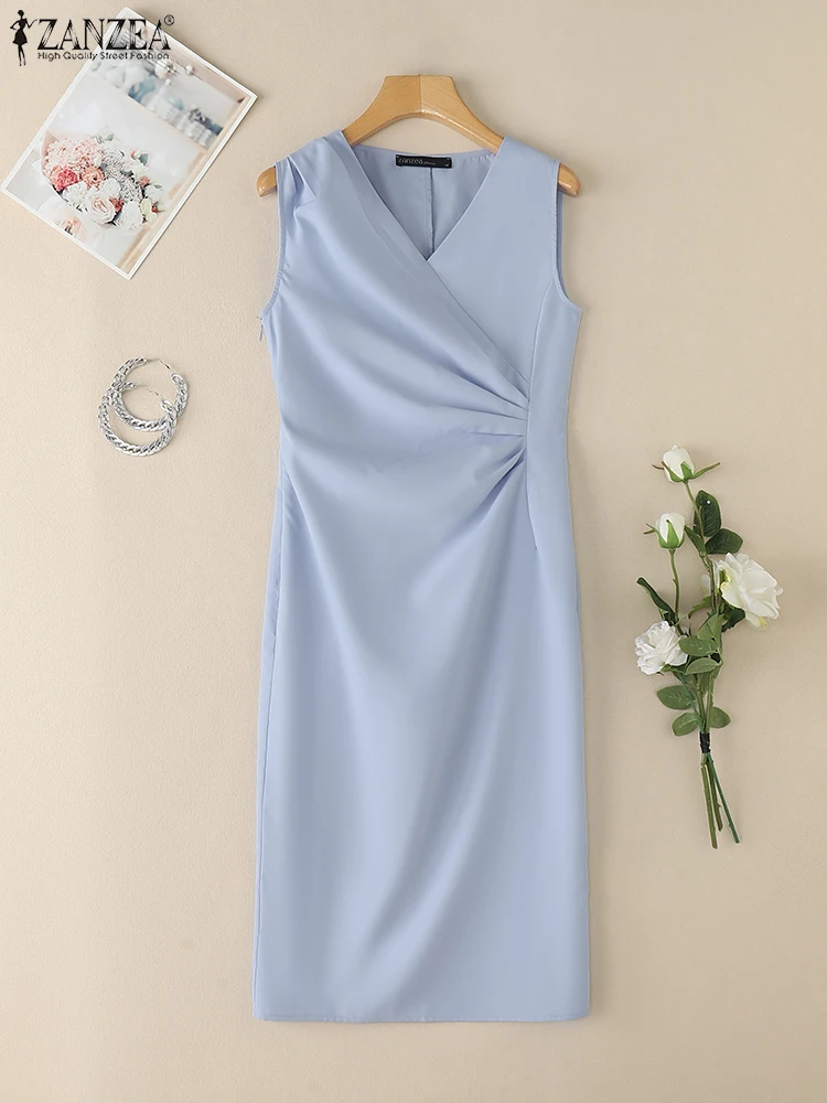 ZANZEA Elegant V Neck Sheath Dress Summer Women Sleeveless Slim Fit Party Vestido 2025 Fashion Work OL Pencil Dresses Back Split