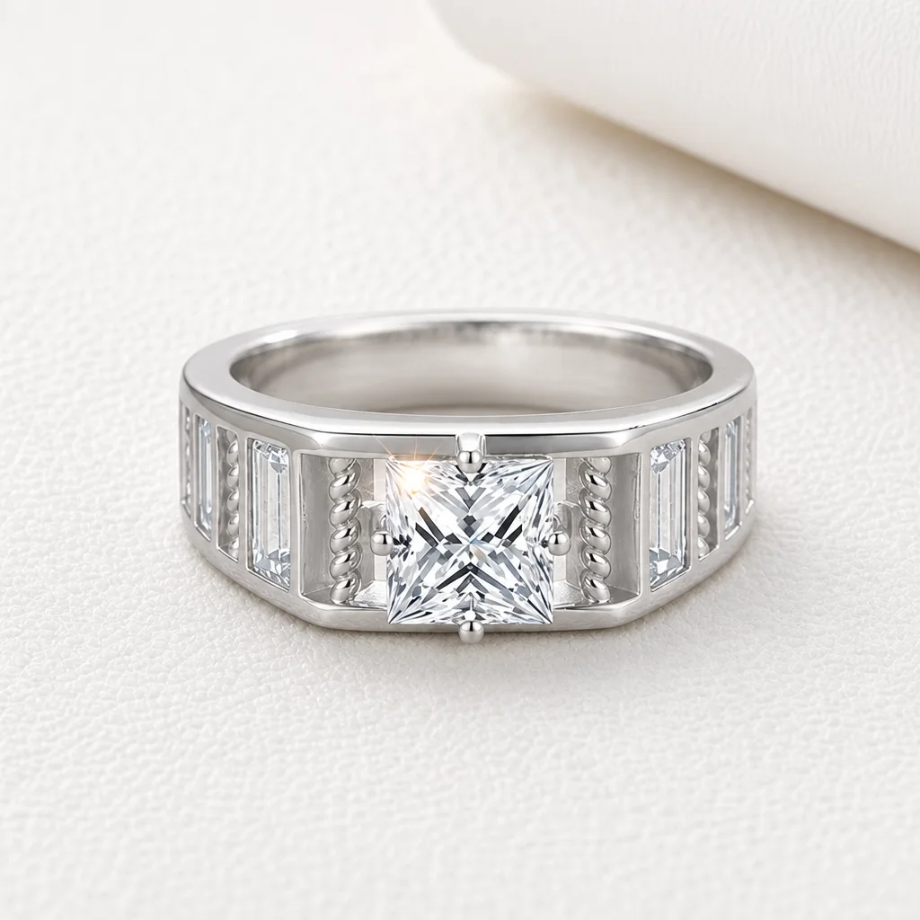 925 Sterling Silver Princess Cut Moissanite Ring for Men Wide Band GRA Certified Wedding Promise Jewelry Gift
