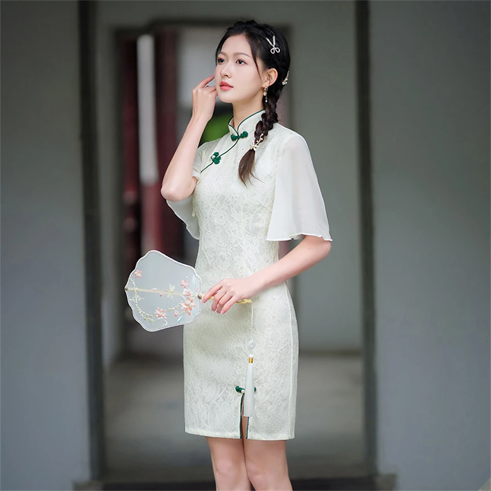 New Lace Temperament Girl Daily Cheongsam Short Improved Retro Republic Chinese Split Qipao Dress Female Slim Evening Party Gown