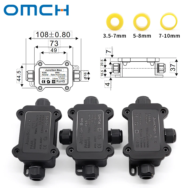 OMCH IP68 Waterproof Junction Box 2/3/4 Way PA66 Connector with 3 Size Sealing Rings 3.5-7mm 5-8mm 7-10mm for Outdoor Case