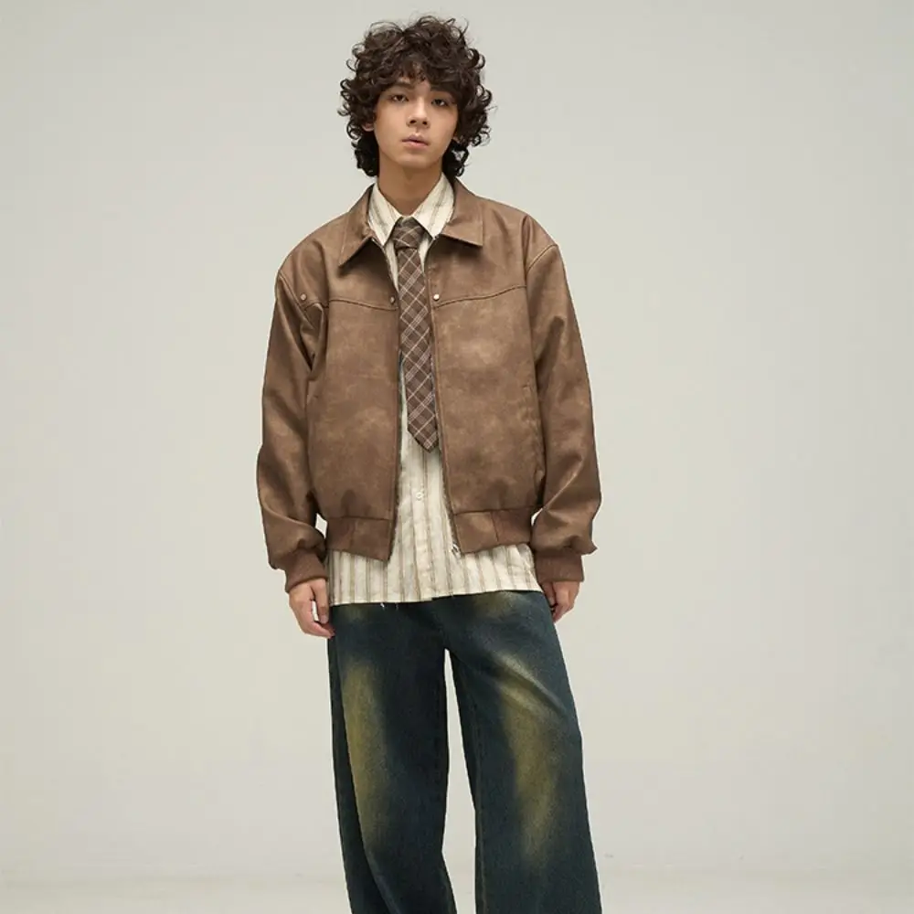 سترات رجالية فضفاضة تناسب الموضة بأكمام طويلة وياقة مقلوبة وسترة مقاومة للرياح بلون سادة وسحاب للتنقل اليومي #2