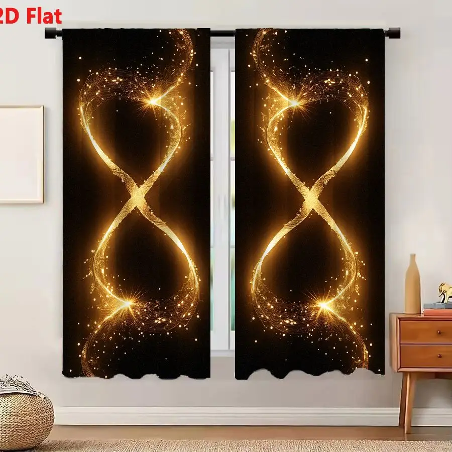 2Pcs Curtains Add 2D Flat Golden Infinity Symbol With Sparkling Light Trails And Cosmic Particles On Black Background Window Dra