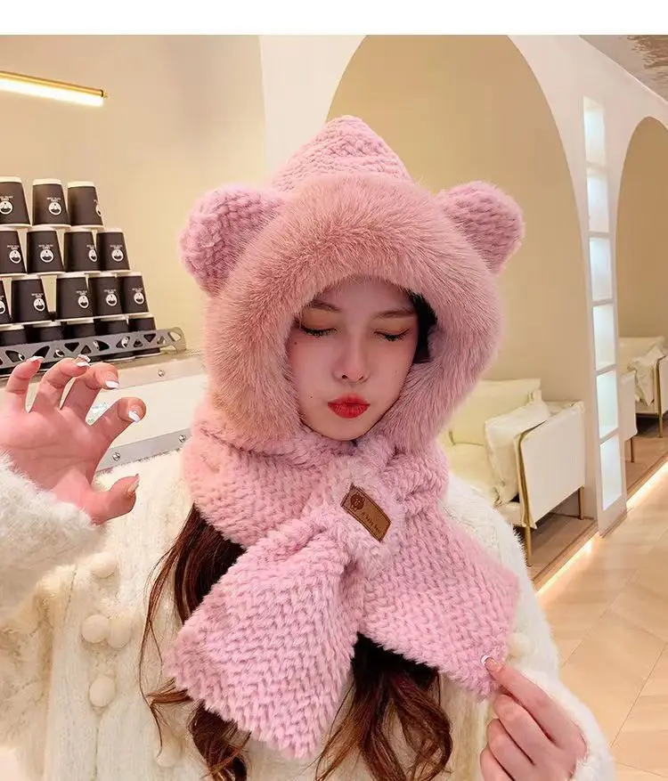 Women\'s fall and winter fleece hat hat scarf two-in-one warm ear protection hat thickened scarf cold plush hat warm scarf