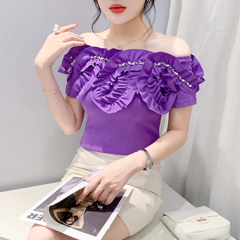 2024 New Summer European Clothes T-Shirt Chic Sexy Off Shoulder Patchwork Ruffles Diamonds Women\'s Tops Short Sleeve Tees 46078