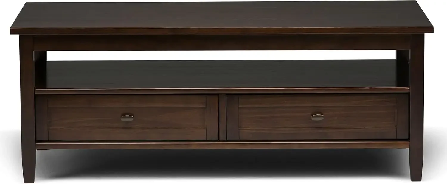 Warm Shaker Madeira Sólida Mesa de centro rústica retangular de 48 polegadas de largura em marrom tabaco, para sala de estar e quarto familiar