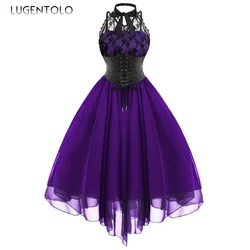 Women Vintage Corset Dress Backless Bandage Personalized Chiffon Lady Slim High Waist Bow Big Swing Princess Cloth Lugentolo