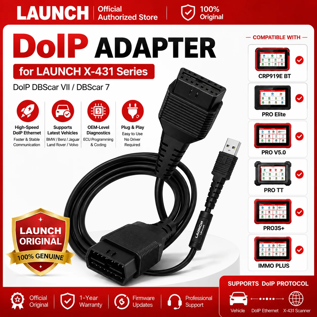 LAUNCH X-431 DoIP Connector Adapter Cable with USB and 16-Pin Male to Female for X-431 Series Diagnostic Scanner DBScar VII