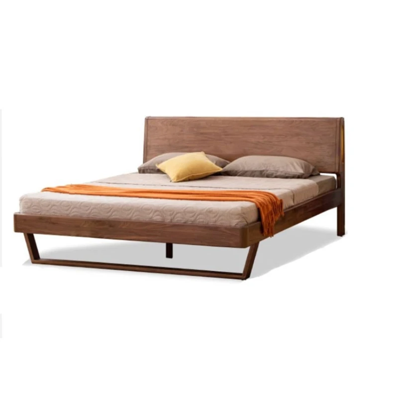 

Black walnut solid wood bed, Nordic style bedroom furniture, double bed simple