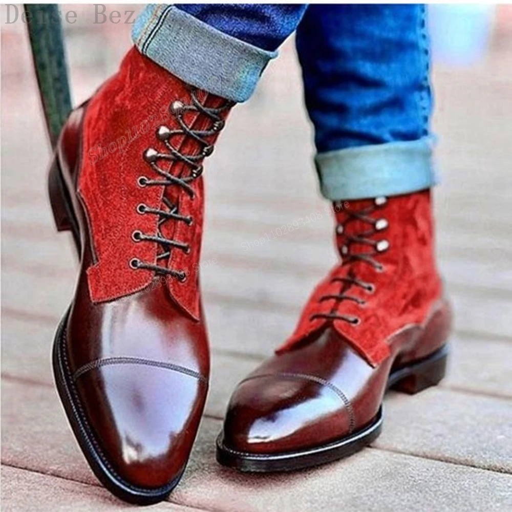 Botas masculinas de couro e camurça pontiagudas, sapatos clássicos com renda marrom, estilo britânico, emenda na moda, 2023