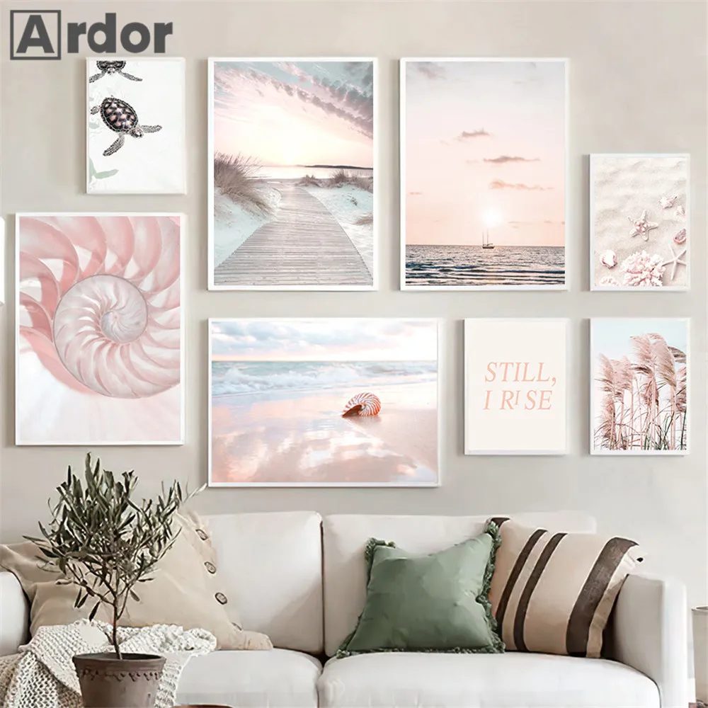 

Pink Reed Canvas Painting Sea Beach Art Prints Starfish Shell Poster Tortoise Print Picture Nordic Wall Pictures Home Decoration