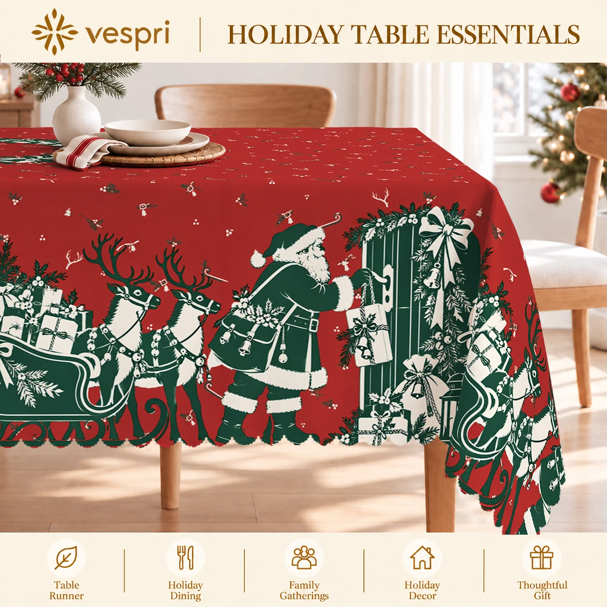 Christmas Tablecloth with Santa & Sleigh Gifts for Indoor/Outdoor Camping decor, Rectangular/Round/Oval