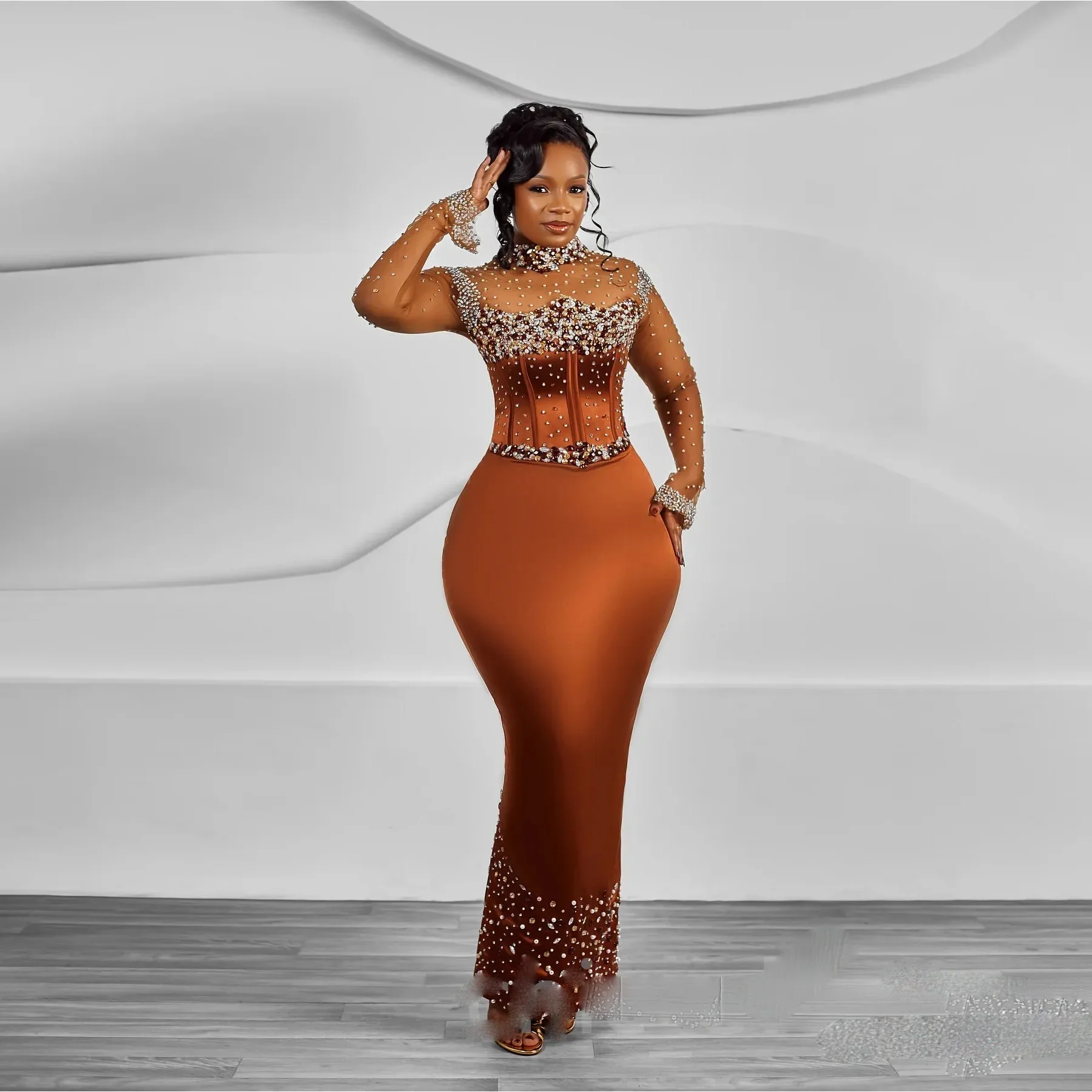 Elegant Asoebi Prom Gowns Custom Made Formal Evening Dresses Illusions Long Full Sleeves Burnt Orange Beading Evening Dress