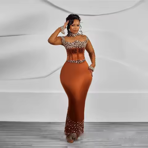 Elegant Asoebi Prom Gowns Custom Made Formal Evening Dresses Illusions Long Full Sleeves Burnt Orange Beading Evening Dress