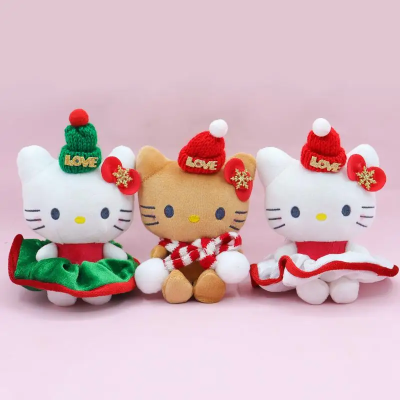 Hello Kitty pop sleutelhanger Sanrio knuffels Anime zwart lederen kerstsjaal Kt speelgoed schattig meisje hanger Kawaii kerstcadeau