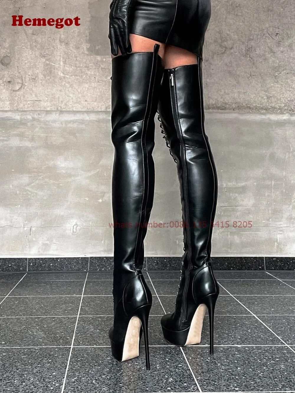 Thigh High Boots Round Toe Super High Heels Cross Tied Platform Lace Up Women\'s Long Boots Winter Glossy Runway Shoes Luxury