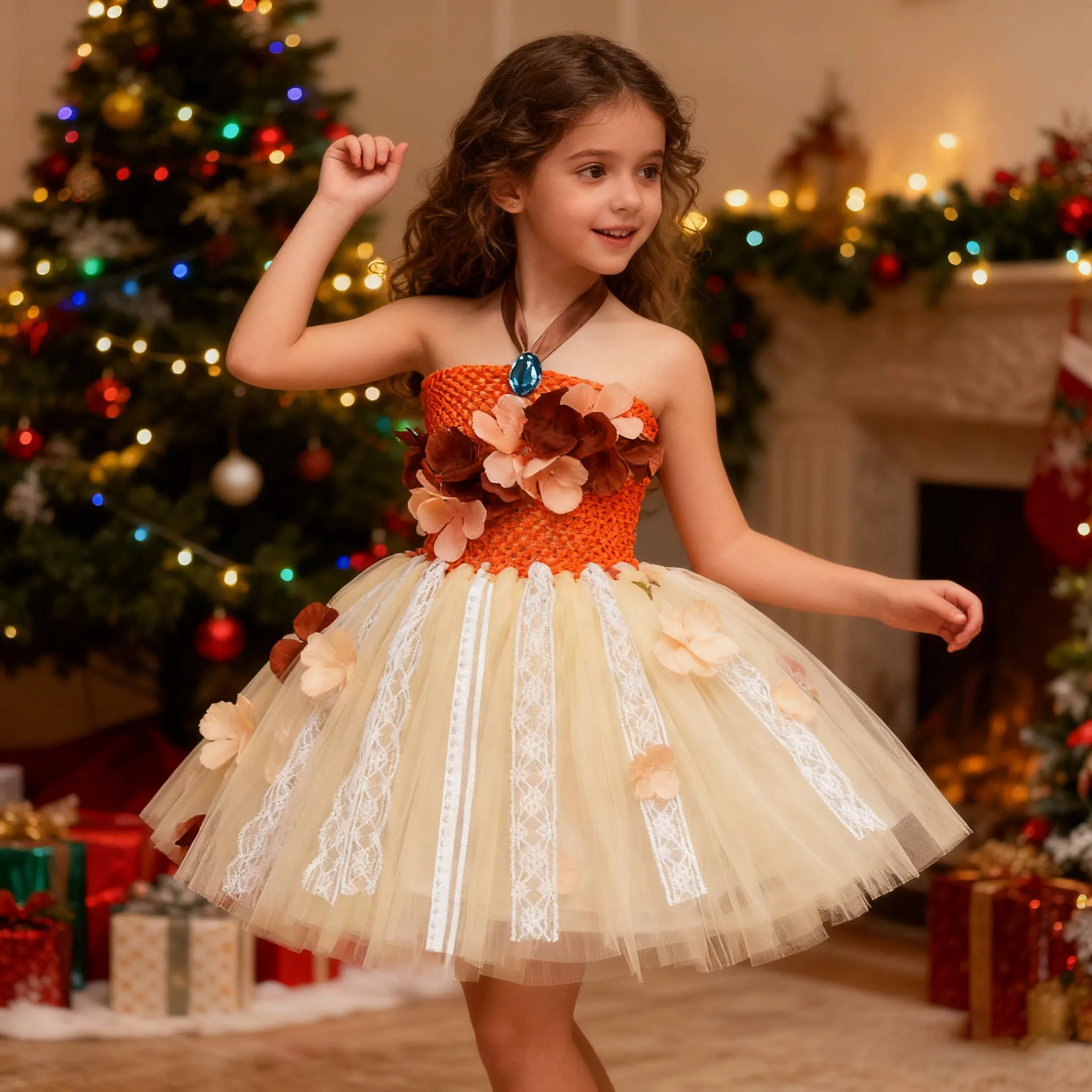 

Girl Frock Cosplay Costume Simulation Flower Kids Princess Party Dress Sling Lace Children Christmas Birthday Outfit Halloween