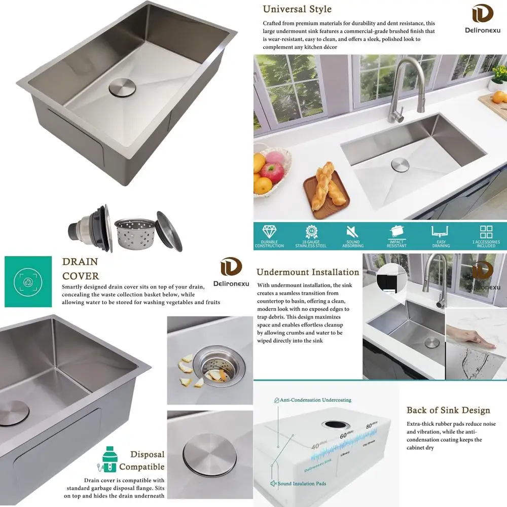 

Stainless Steel 30 Inch Single Bowl Undermount Kitchen Sink - 18 Gauge, Handcrafted Design with Brushed Finish, 18x9 Inch Dimens