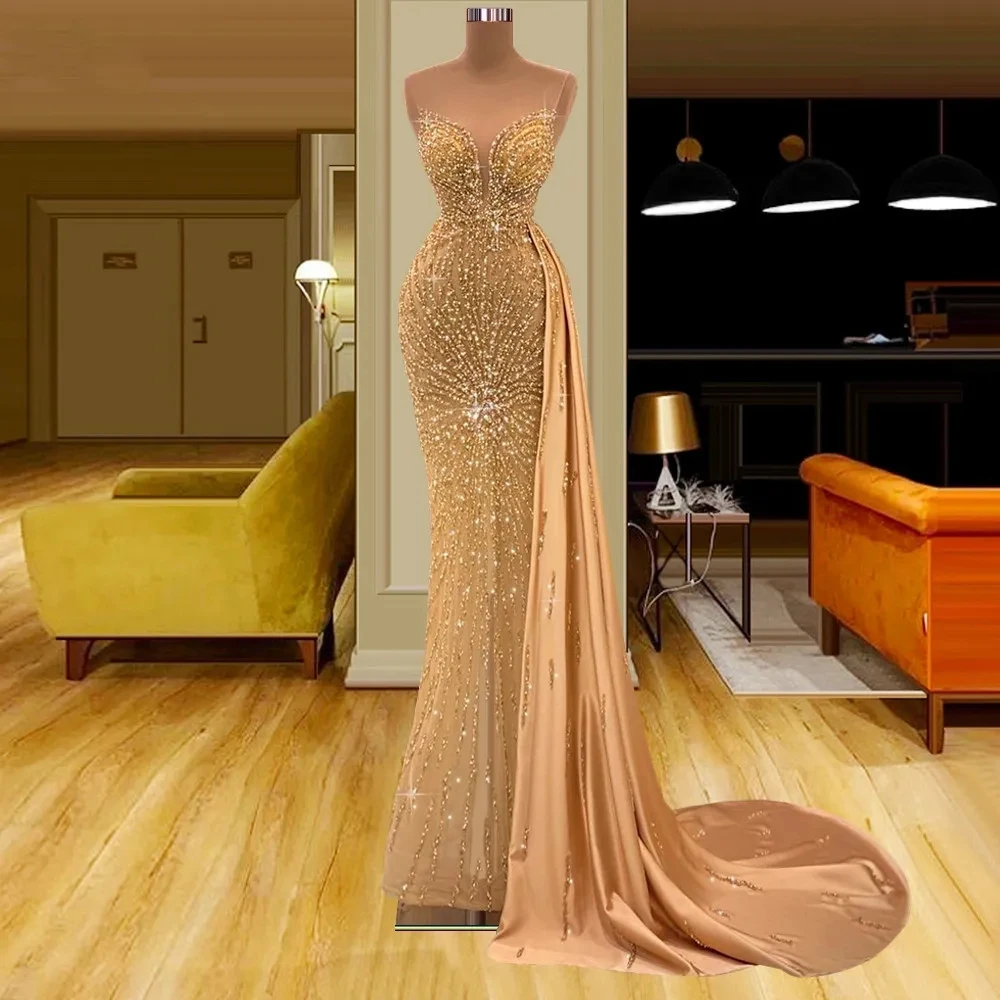 Gold Sheath Gown Prom Dresses Strapless Sleeveless Sequins Lace Party Dresses Plus Size Custom Size Colour Evening Dresses