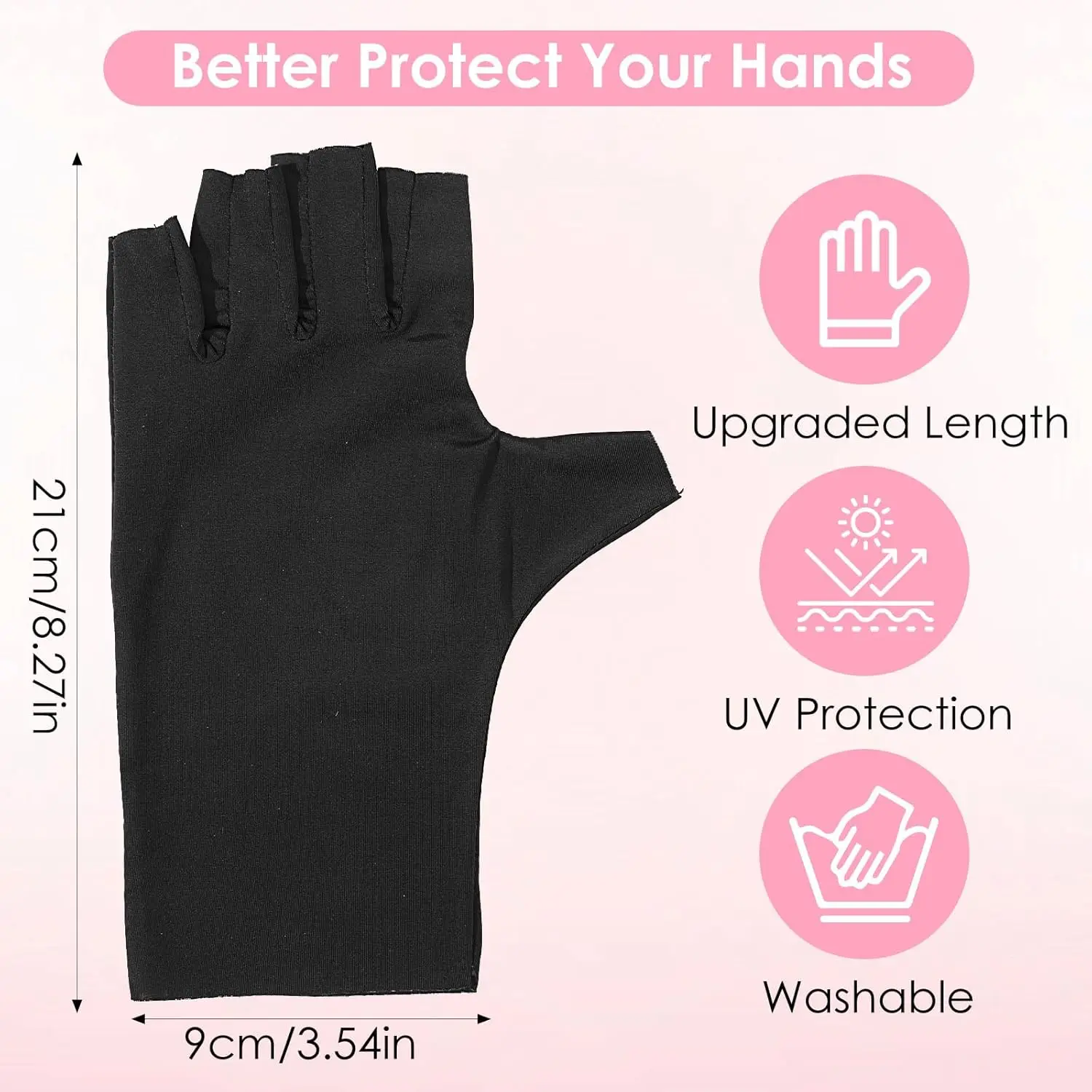 قفازات الأشعة فوق البنفسجية للأظافر، قفازات جل لفن الأظافر بدون أصابع تحمي من الأشعة فوق البنفسجية فوق البنفسجية (أسود + وردي)