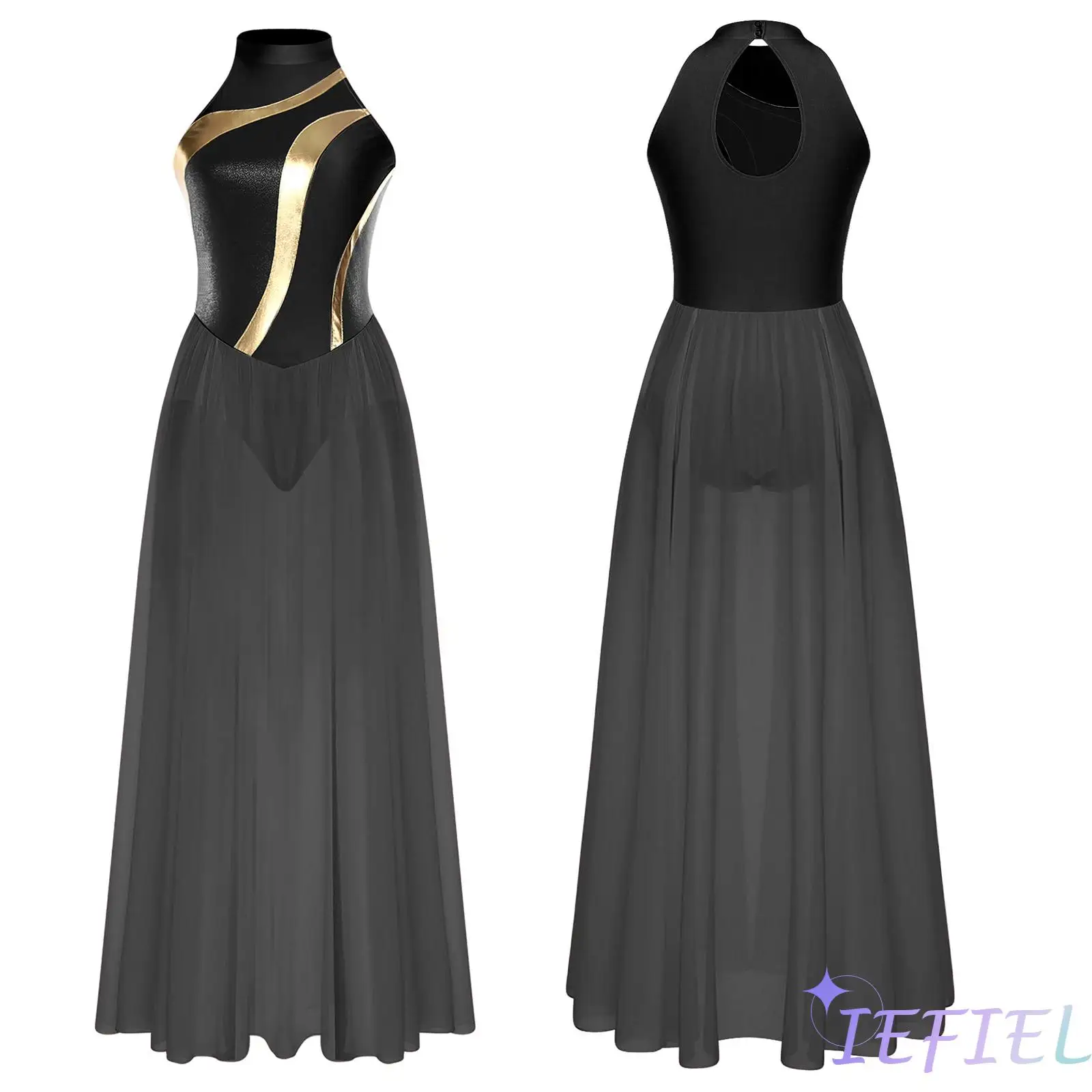 

Modern Contemporary Women Lyrical Dance Dress Halter Color Block Back Cut Patchwork Flowing Overlay Chiffon Maxi Long Skirt