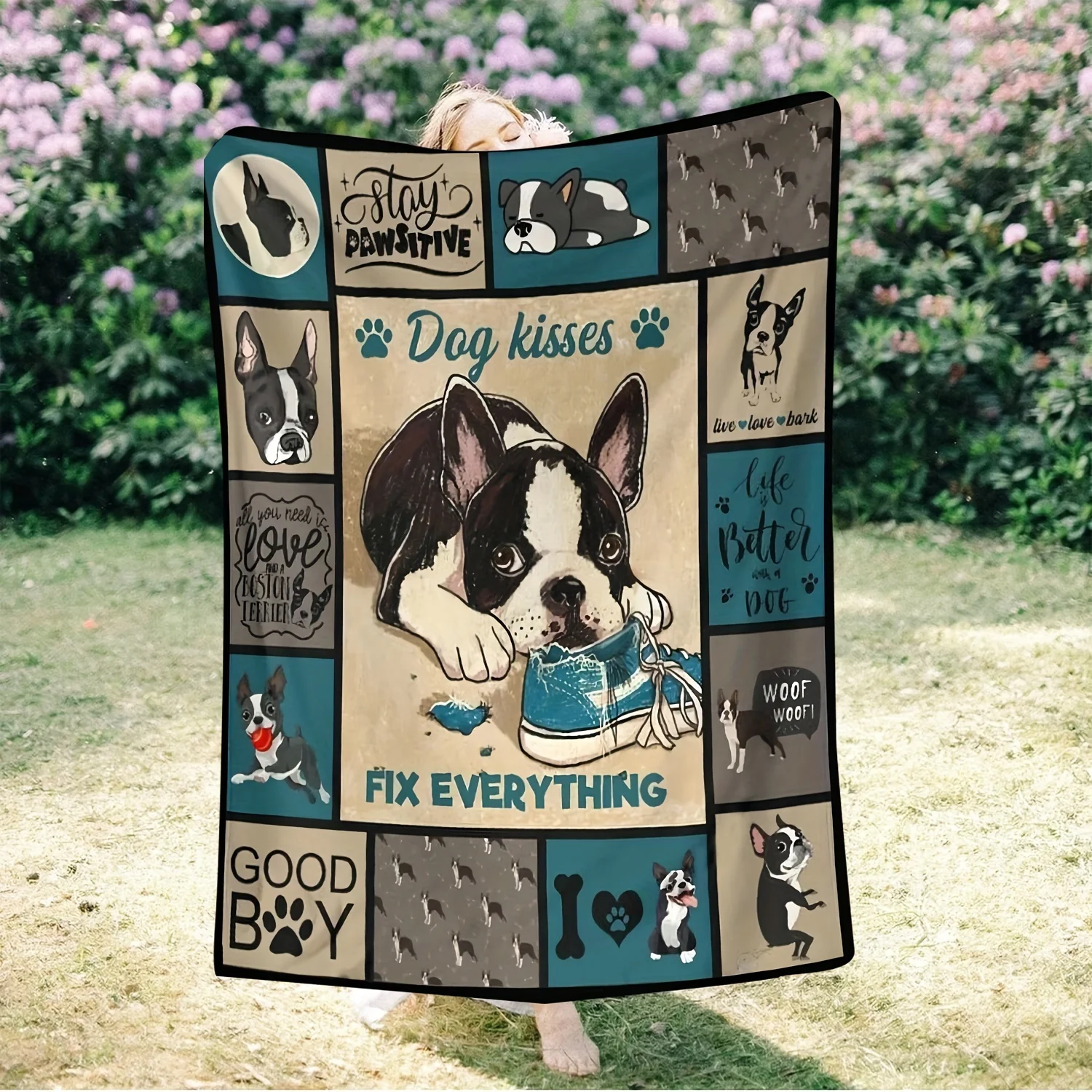 Boston Terrier Dog Pattern Cozy Throw Blanket, Lodge Style Cute Animal Couch Bed Warm Wrap, All Season Decor Gift