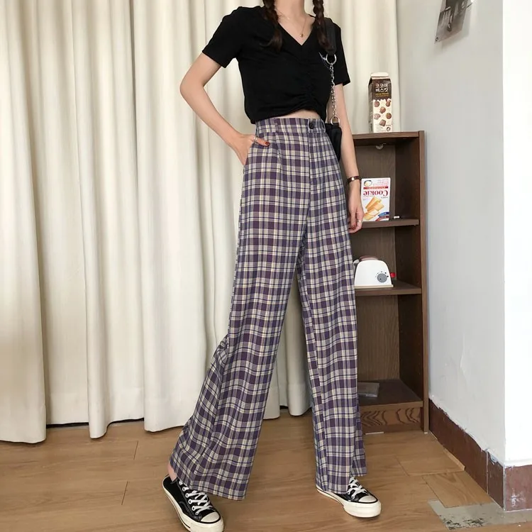 Simple Vintage Plaid Causal Long Women Pants Street Fashion Straight Wide Leg Pant