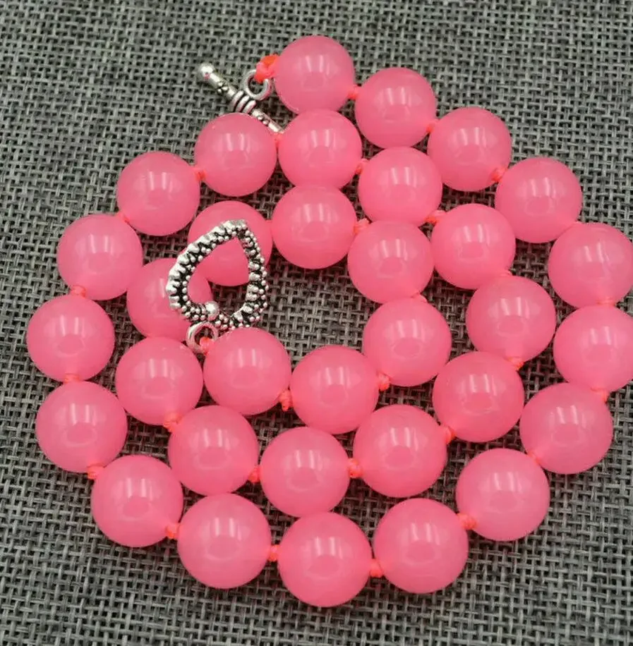 

12mm Pink Chalcedony round gem jade Beaded Necklace 18“