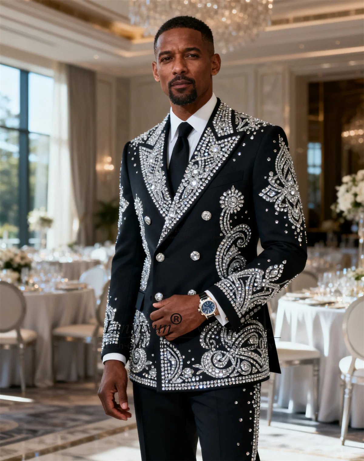 

Блестящие мужские костюмы с металлическими украшениями, комплекты из 2 предметов, мужские пиджаки для выпускного вечера, двубортные индивидуальные смокинги для жениха, Ropa Hombre