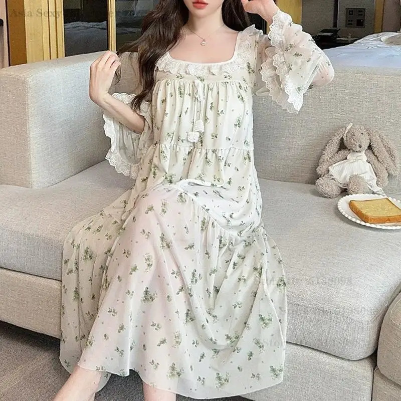 

Милая кружевная ночная рубашка с квадратным воротником и длинными рукавами, ночная рубашка в стиле принцессы, сорочка, одежда для сна, весна-лето, новый домашний халат