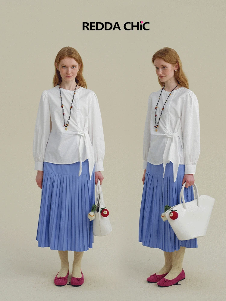 REDDACHiC السماء الزرقاء المرقعة الطية تنورة مكتب العمل عادية الصلبة رقيقة عالية الخصر ألف خط فلوي تنورة طويلة الصيف النساء قيعان